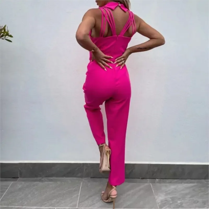 女性の夏のジャンプスーツ背中の開いた V ネック固体ジッパーオフショルダーノースリーブオーバーオールポケット付きカジュアルスリムロングロンパース女性