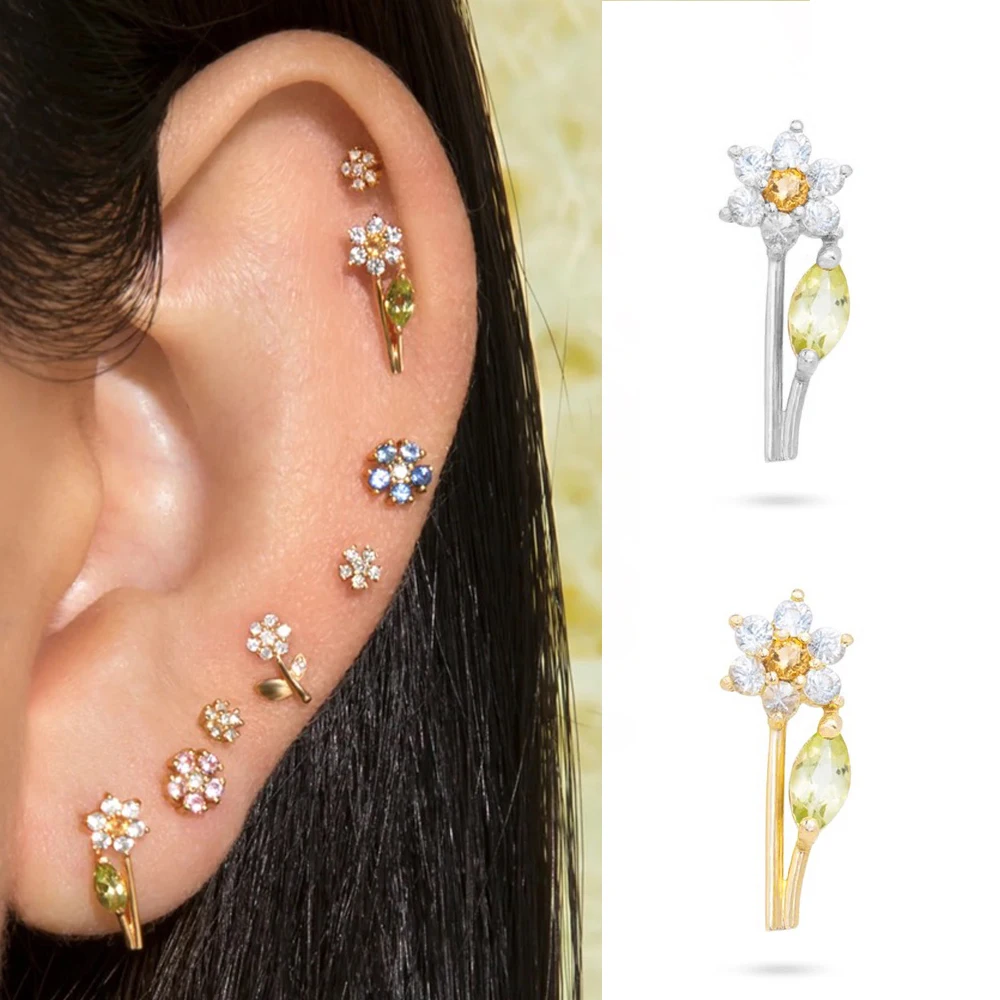 1PC Korean Tragus Piercing Helix Studs Earrings for Women Zircon Flower with Leaf Trendy Ear Tragus Piercing Body Jewelry CC128