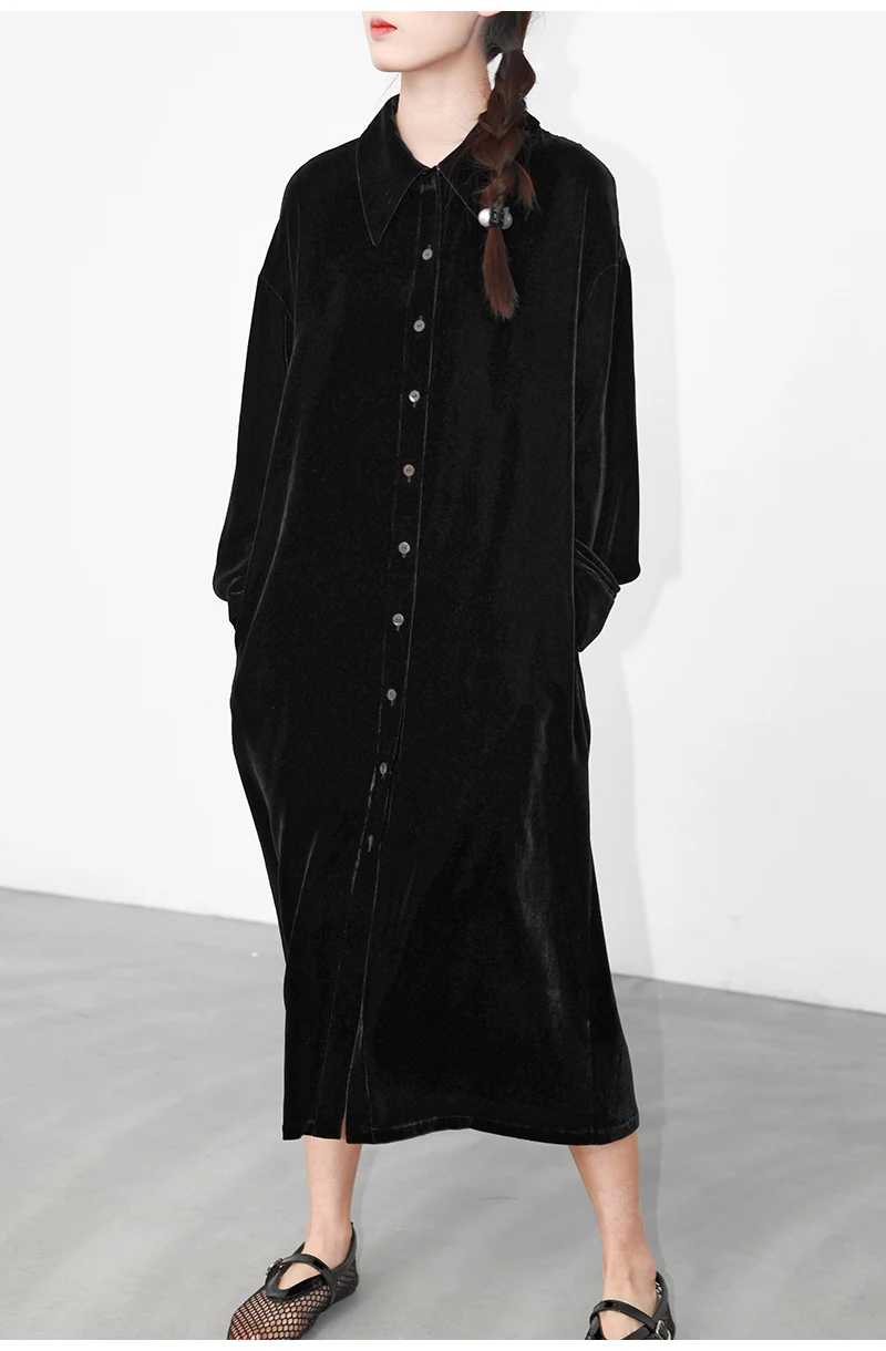 Robe de luxe en velours de soie pour femmes, style chemise à manches longues, ample, grande taille, vêtements confortables et respirants, absorbe la sueur bien