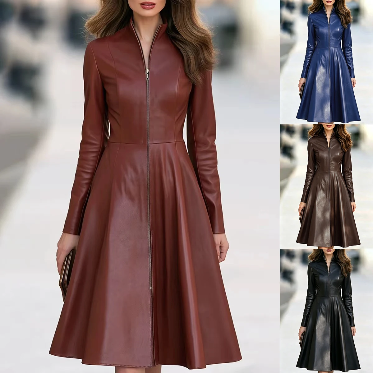 Neue schmale Langarm-Kleider für Damen, Stehkragen, Damenkleid aus PU-Leder, A-Linien-Kleid, Damen-Sommerkleider Q7231 – Detail 4