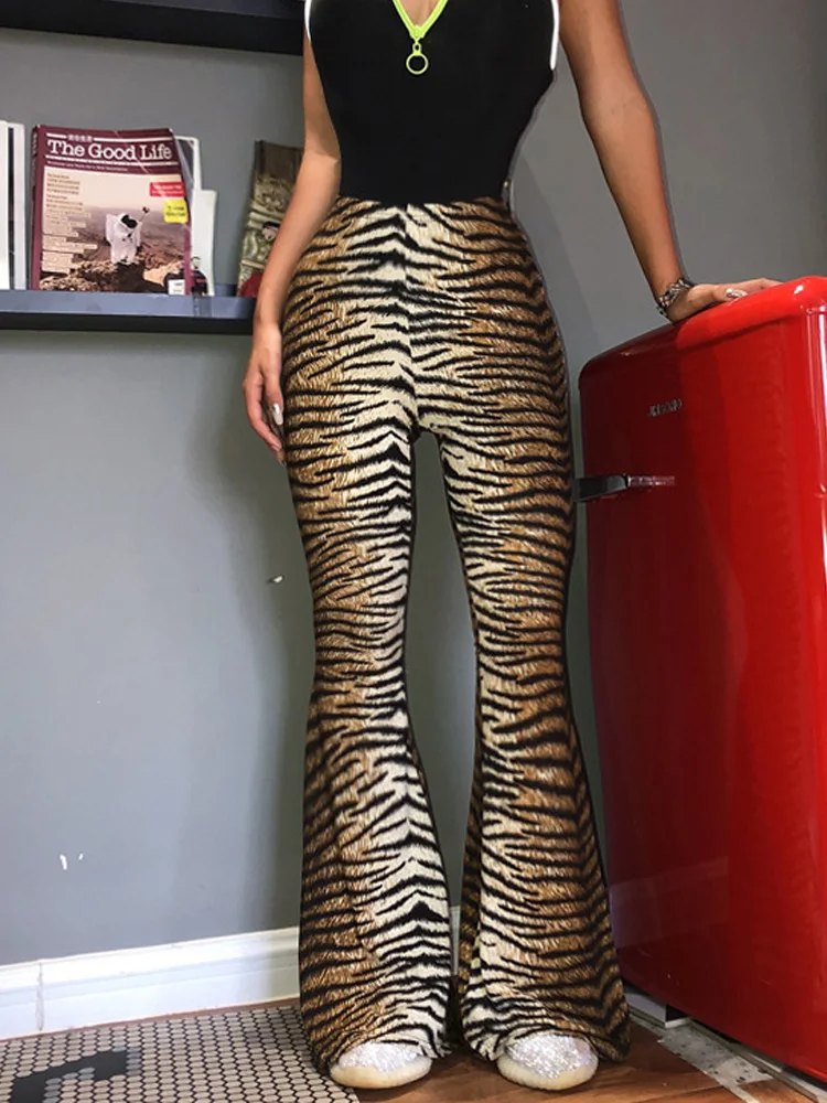 

Новые модные шикарные длинные брюки с принтом в тигровую полоску, женские повседневные свободные брюки-клеш, уличная одежда, широкие брюки, женские