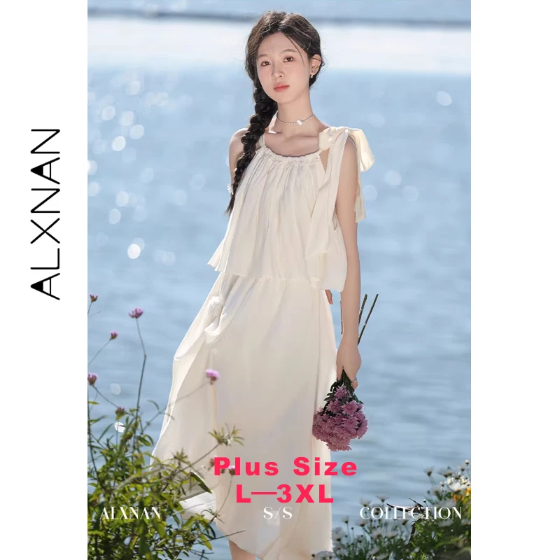 

ALXNAN Plus Size Sleeveless Dress Long Elegant Sweet Holiday Women's Dress 2026 French Party Beach A-line Ladies Clothing D01905