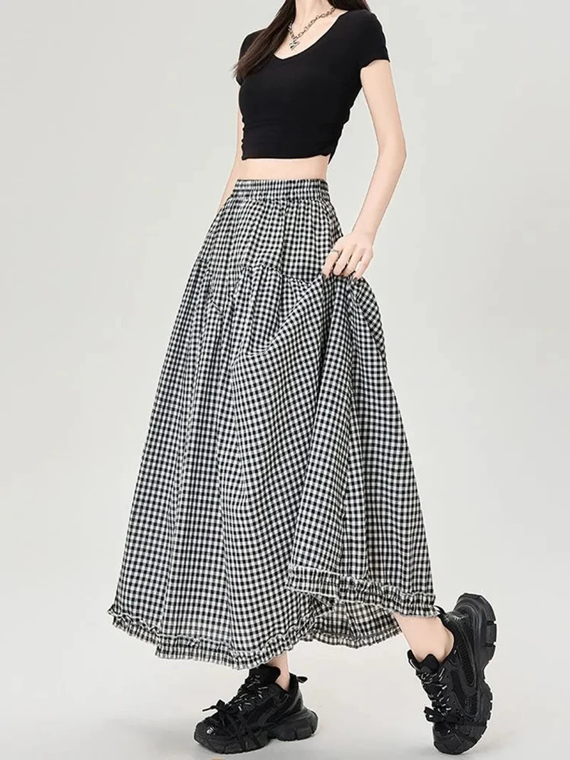 

Korean Fashion Plaid Long Skirts Women Loose Y2K Elastci High Waist A Line Skirts Female Vintage Casual All Match Faldas 2025
