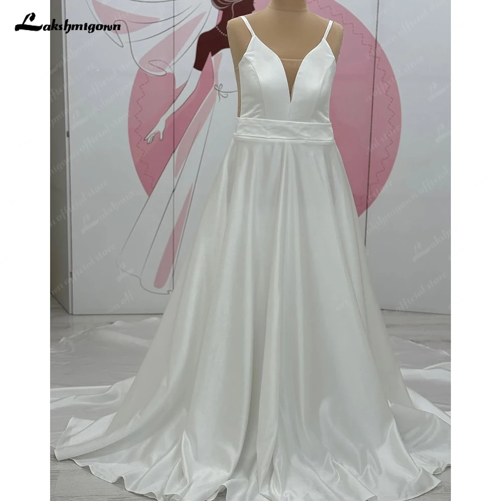 Lakshmigown simples marfim uma linha vestido de casamento cintas de espaguete vestido de noiva com decote em v cetim até o chão personalizado vestido de noche