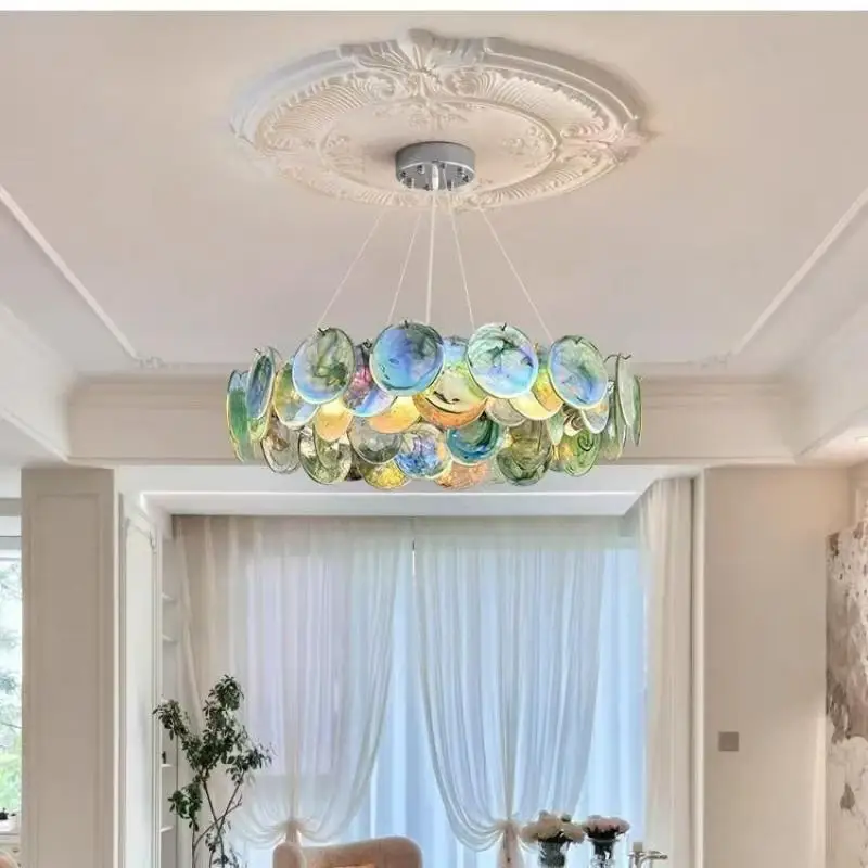 Lámpara colgante de cristal de Murano, lámpara colgante de cristal verde, decoración interior elegante Vintage E14 para sala de estar, dormitorio, iluminación colgante