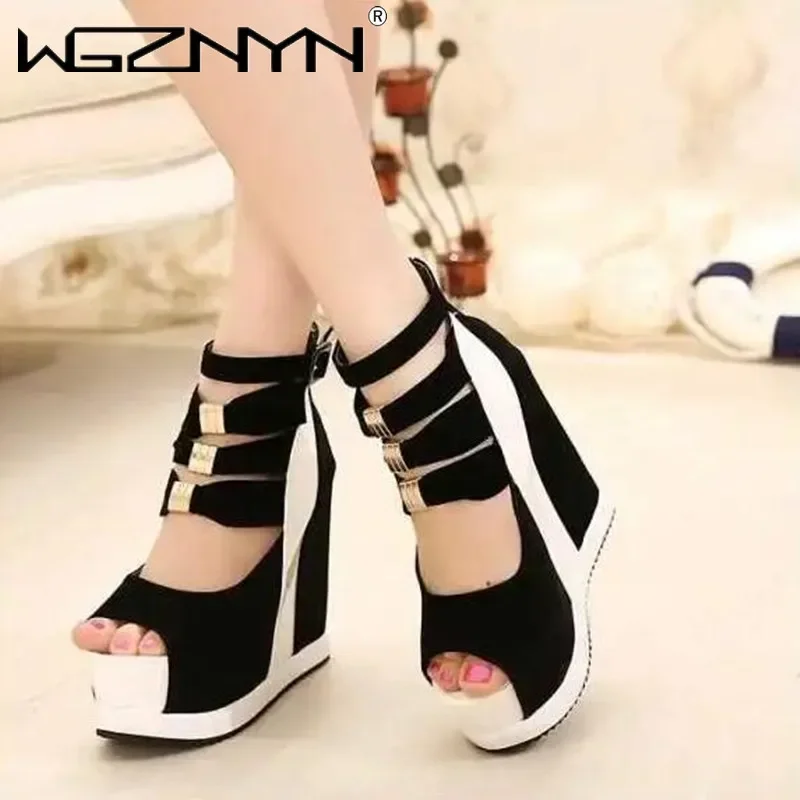 New Flock Ankle Boots Women Sandals Sexy Hollow High Slope with Fish Mouth Single Shoes Thick Bottom Wedges Zapatillas De Mujer