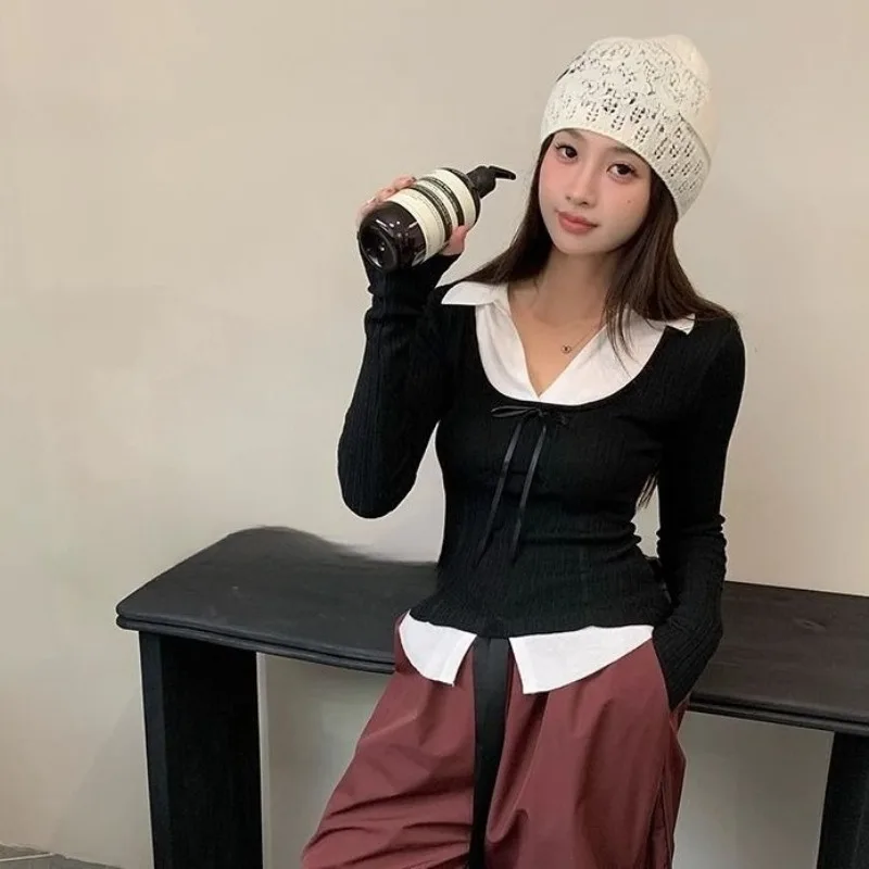 

Sweet Bow Patchwork Two Piece Knitted Tops Women Autumn Lapel Slim Fit Long Sleeve Pullover Fashion Short Sweater