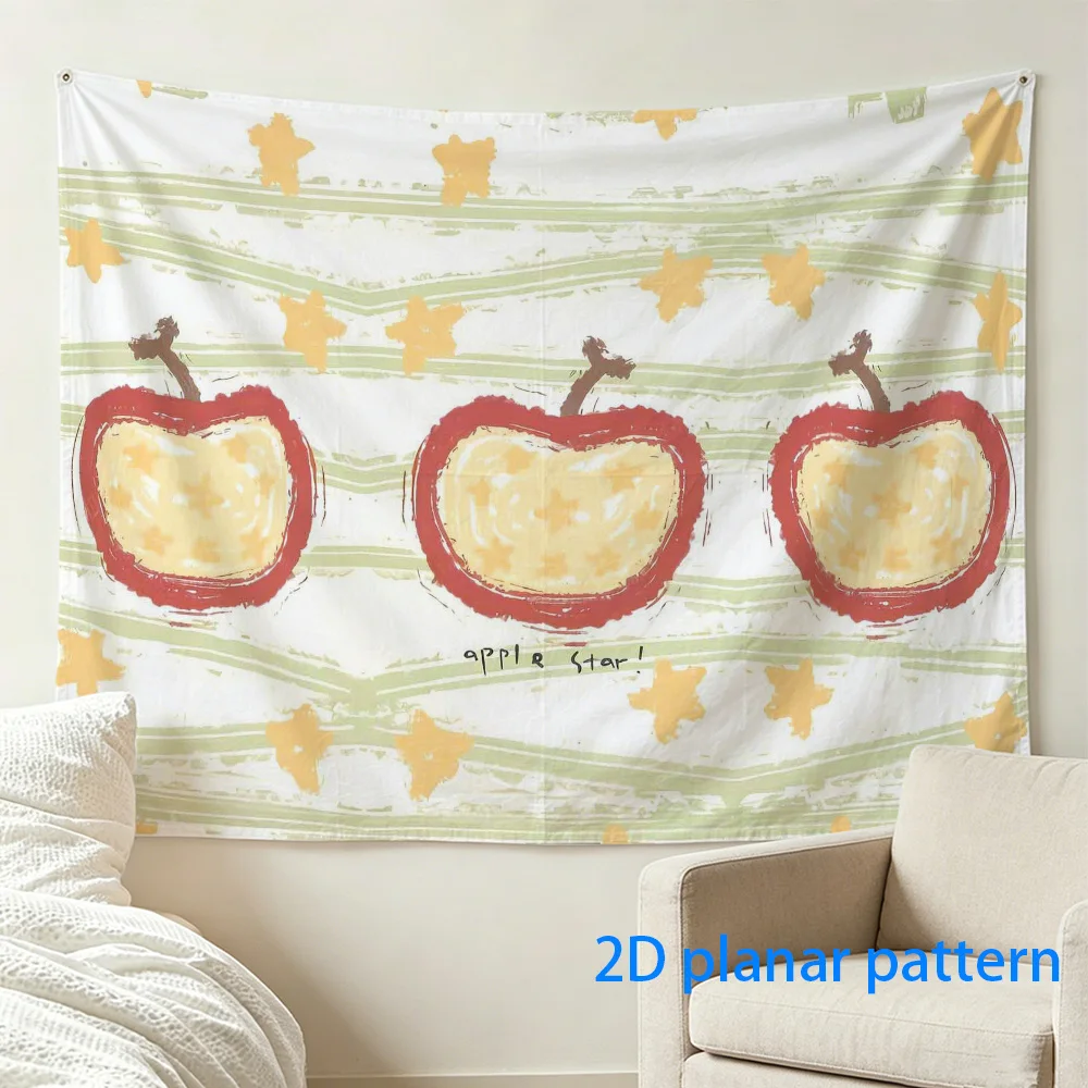 Vintage Apple Tapestry, Retro Fruit Wall Hanging, Cute Yellow Star Decor, Green Striped Background Cloth for Kitchen Dorm