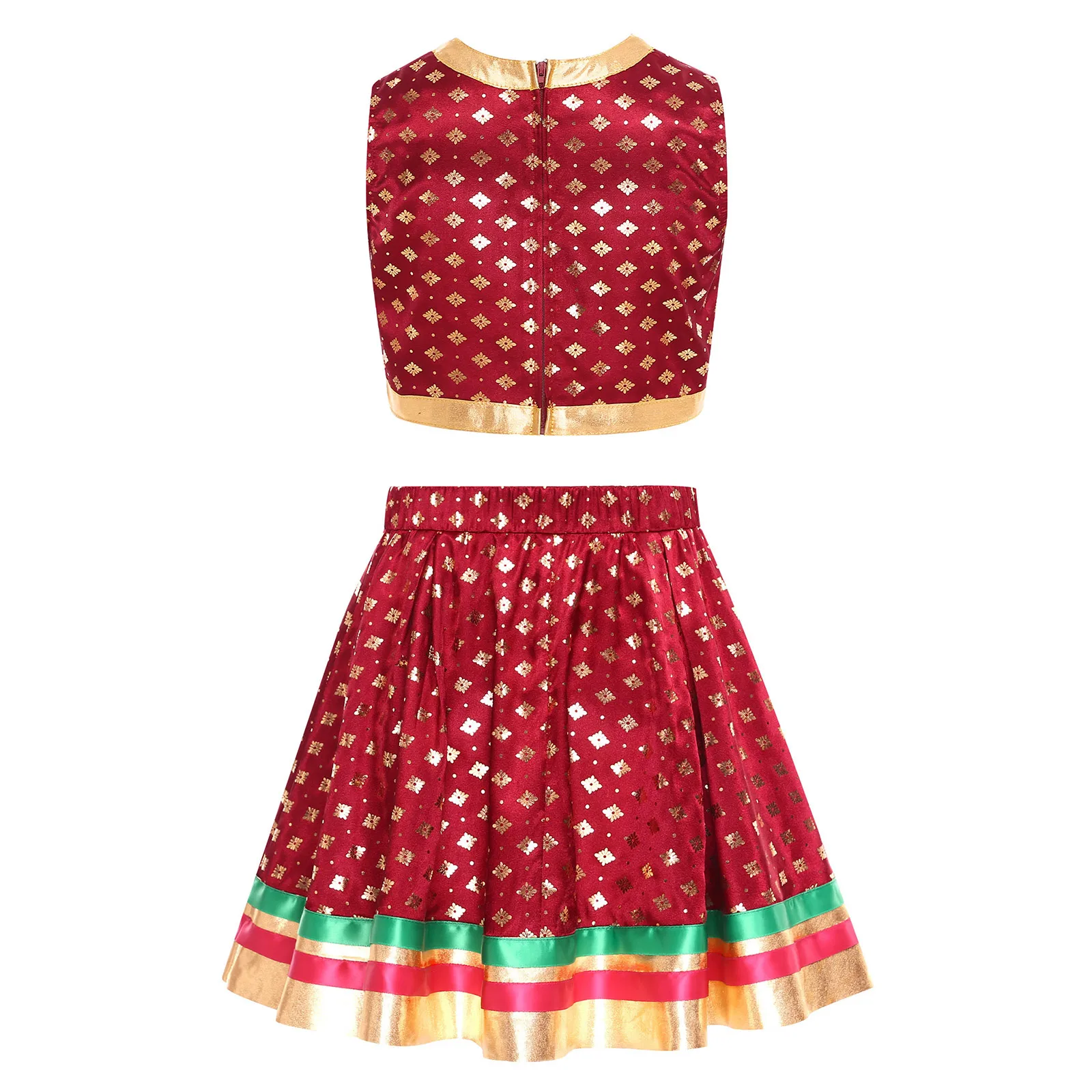 Strój taneczny dla dziewczynek, indyjski lehenga choli, satynowy brokat ze złotymi motywami, krótki top i spódnica, kostium taneczny.