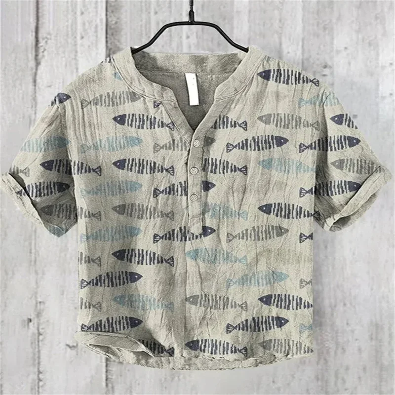 

2024 men's trendy Henry shirt casual loose fashion pattern printed shirt summer short sleeved clothing daily top s to 5X