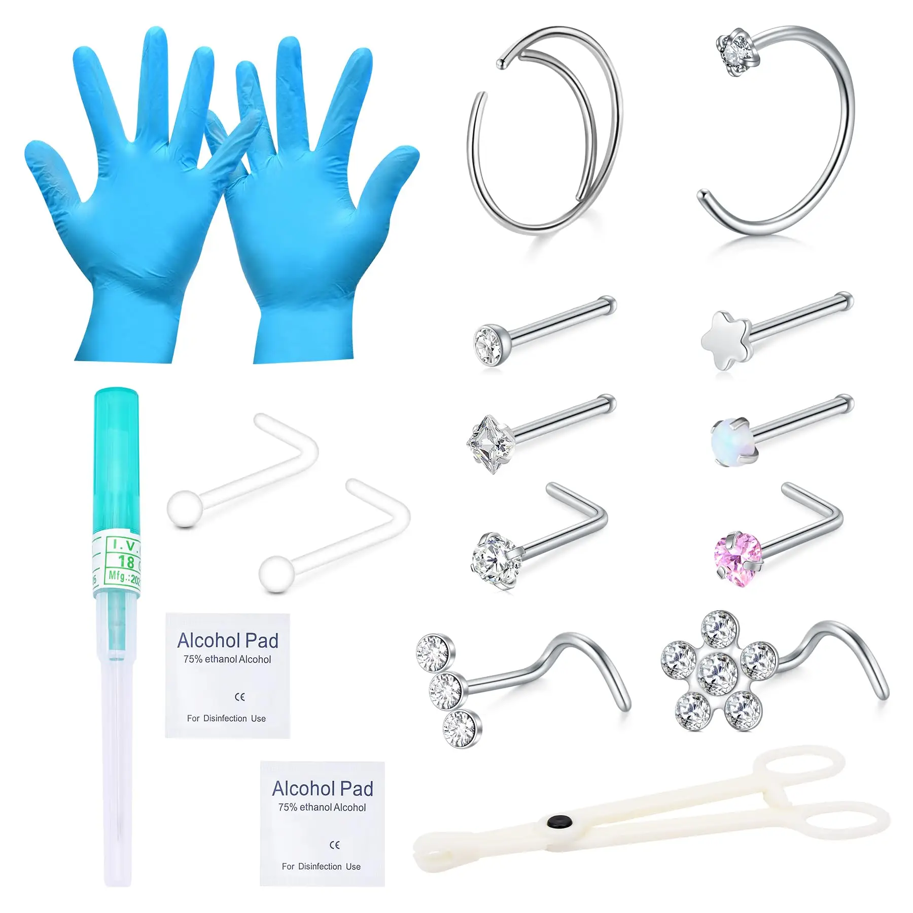 8/12/17pcs Stainless Steel Nose Septum Cartilage Tragus Earrings with 18G 20G Piercing Needle and Tool Kit For Women Men