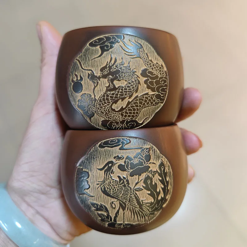 Dragon Phoenix Cup Handmade Nixing Pottery Clay Cups Personal Tea Drinking Cup 100ml for Kung Fu Tea Qinzhou China