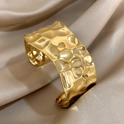 Greatera Textured Gold Plated Stainless Steel Cuff Bracelet Bangele for Women Hammered Metal Wide Bracelets Pulseras Jewelry