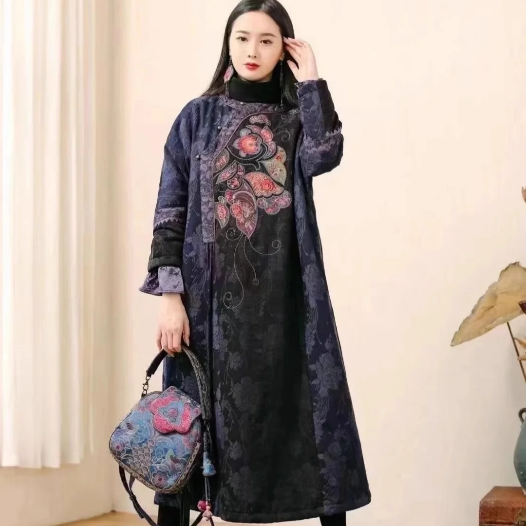 Luxury Women's clothes Oversize winter coat Embroidery padded jacket Vintage Thick jacquard Long dress Warm robe