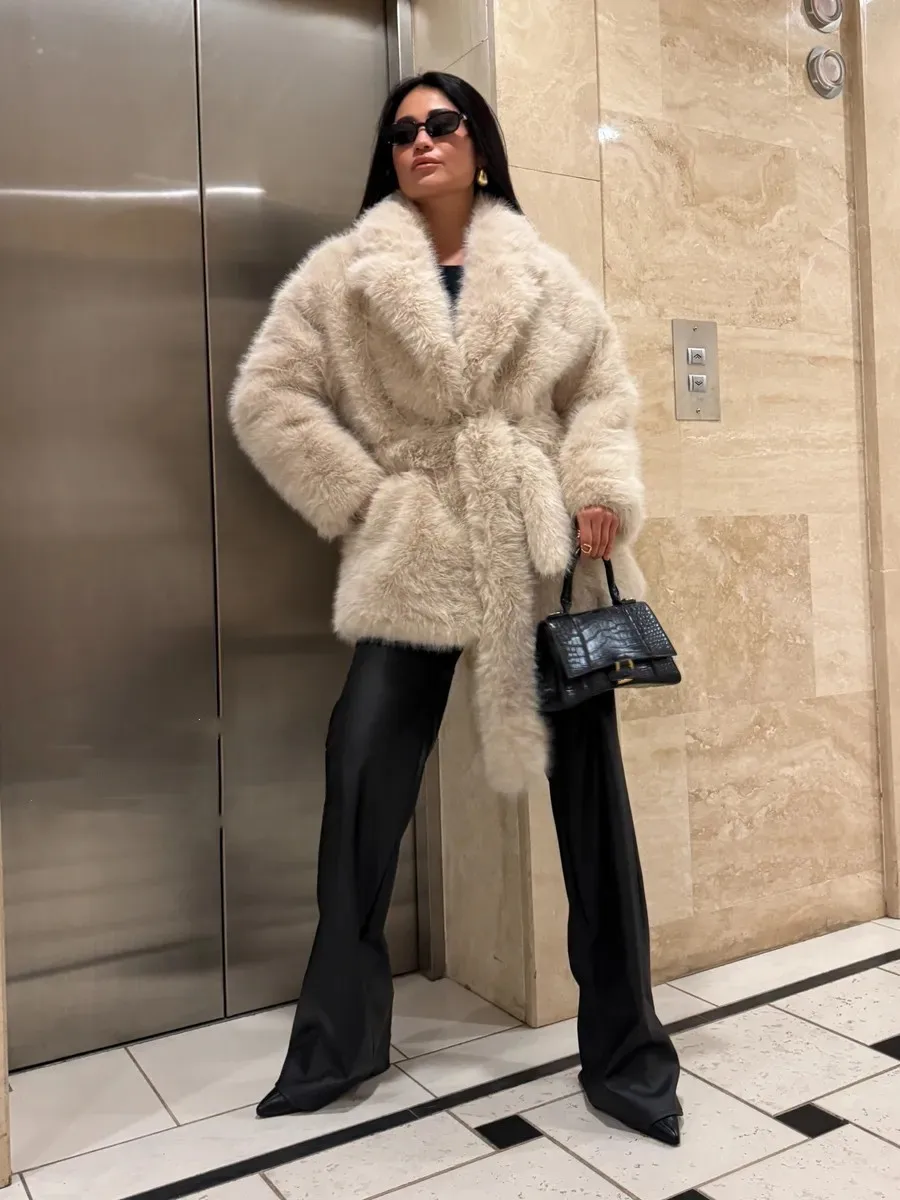 HDHOHR 2026 Winter Elegant Chic Thick Warm Faux Fox Fur Coat Women High Quality Fluffy Fox Fur Jacket With Belt Three Colors