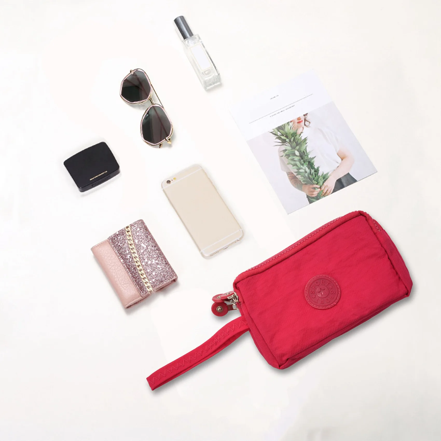 ABQR Portafoglio piccolo da donna Rondella Borsa per telefono in tessuto antirughe Tre cerniere Borsa per trucco portatile Rosa Rossa