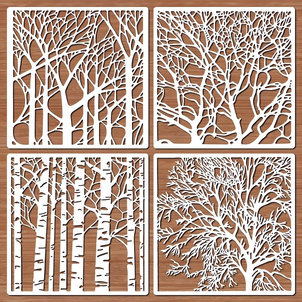 4 pçs/set galhos árvores estênceis modelos de pintura, adequado para artesanato diy, madeira, paredes, lona, papel, pintura em tecido 20 cm