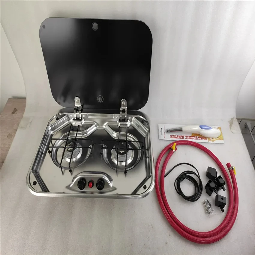 2 Burner Gas Stove Hob Glass Lid 480*370*50mm 2*1.35KW Boat Caravan RV GR-587 boat accessories