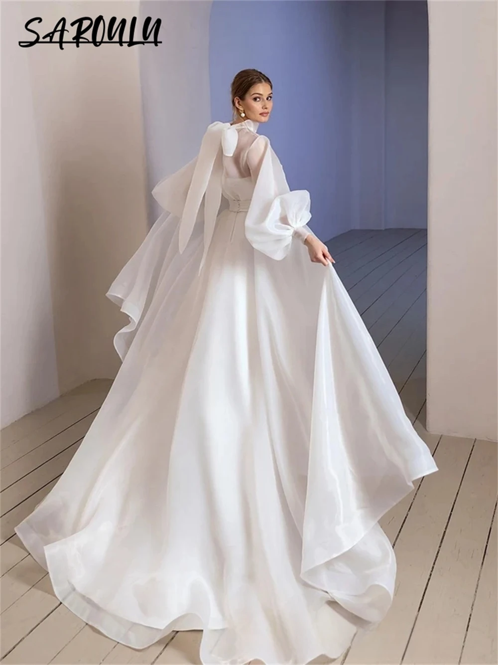 Modern Wedding Dress, Organza Classic A-Line Bride Dresses, Long Puffy Sleeves Bridal Gown High Neck High Quality