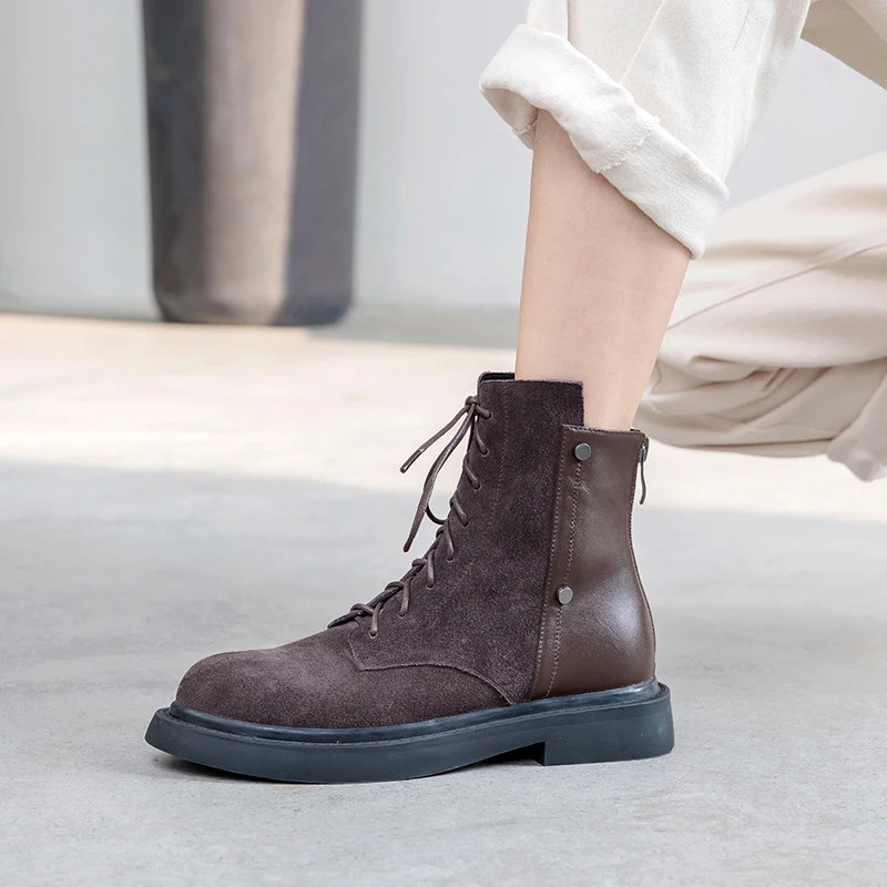 Bottines à plateforme en cuir naturel pour femmes, cuir de vache et daim, bretelles croisées, résilience, automne et hiver 2022, 22-25cm