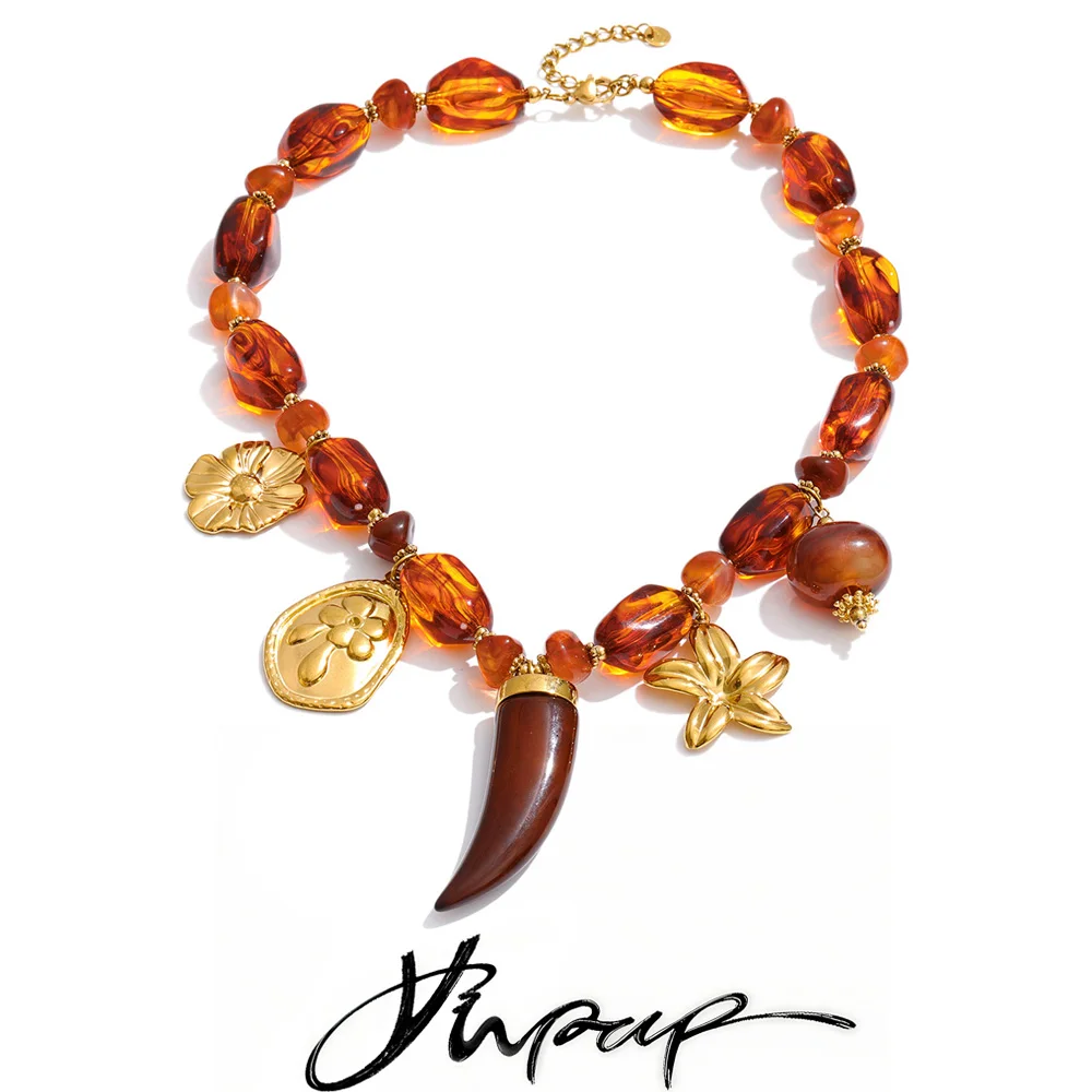 Yhpup Handmade Necklace Waterproof Amber Resin Beads Chain Horn Flower Statement Necklace Stainless Steel Jewelry Accessories