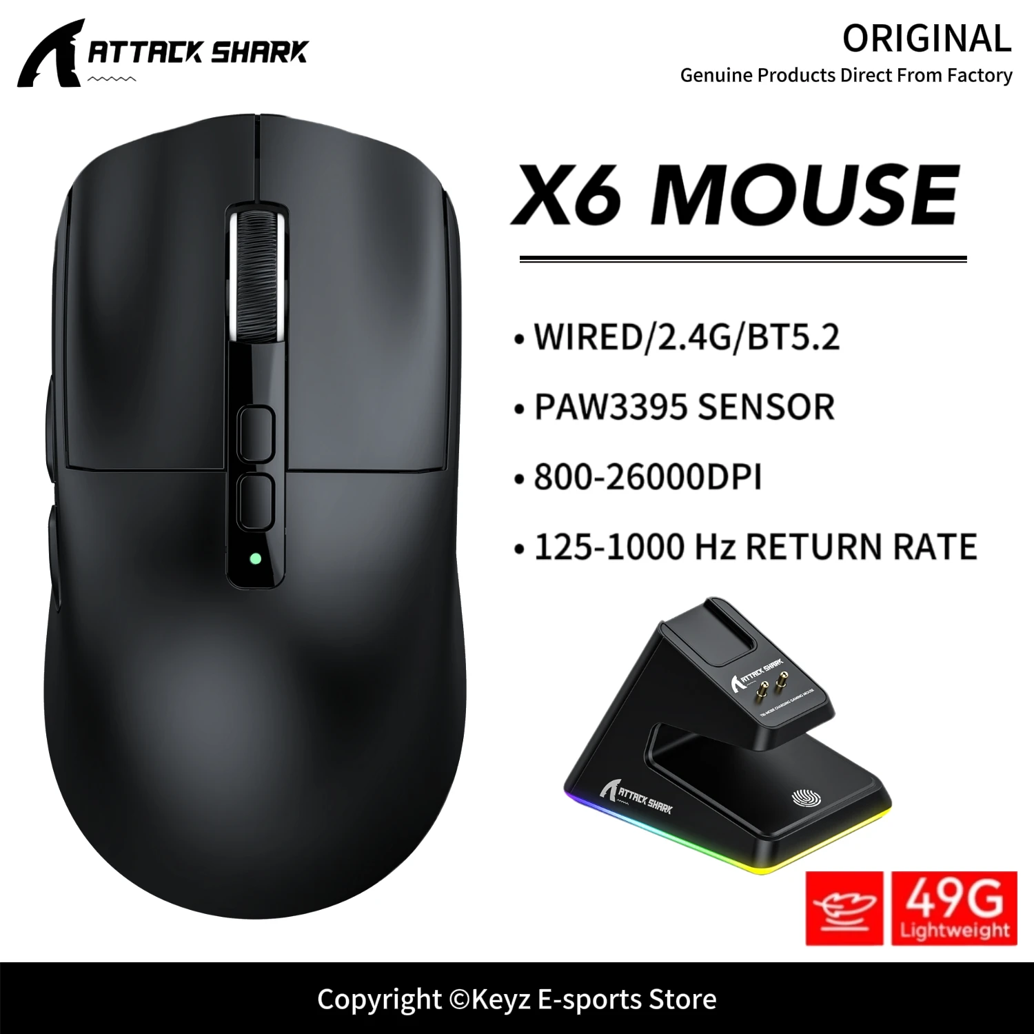 ATTACK SHARK X6 Ultra-Light Mouse Wireless 1000Hz PAW3395 Sensor 26000DPI and HUANO Pink Spots 80M Switches for Gaming Mouse
