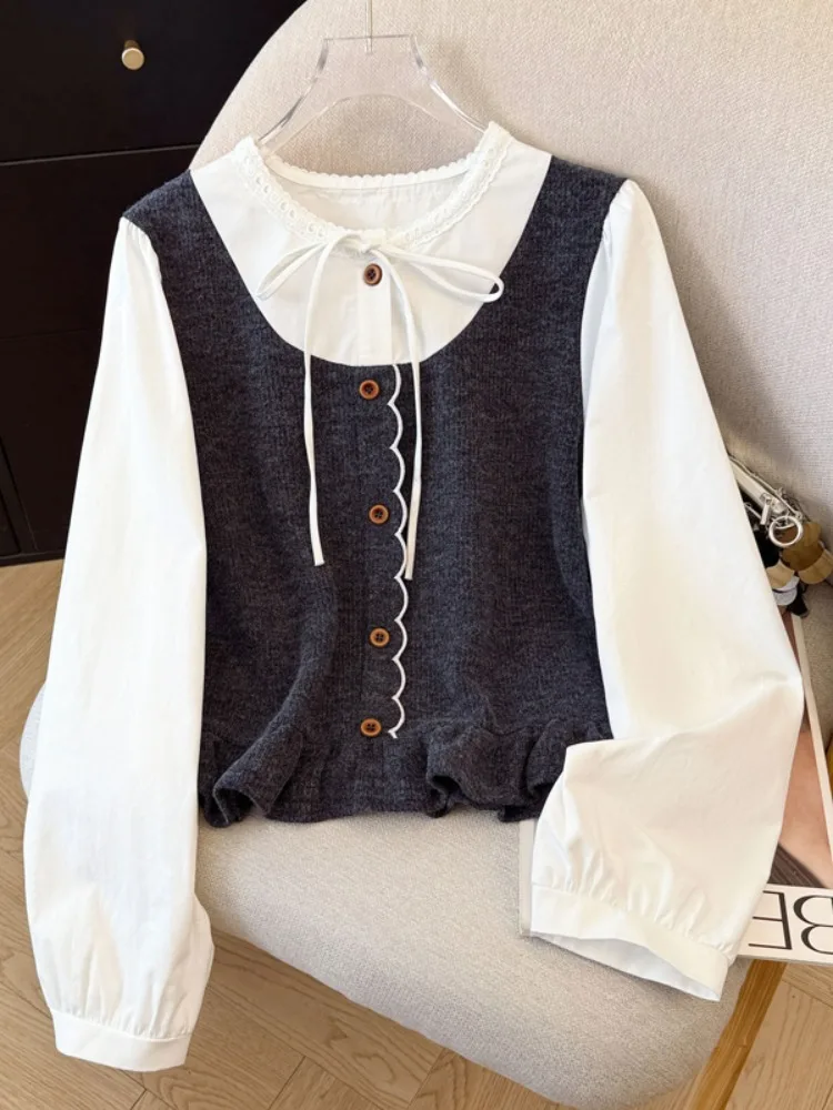 독특한 디자인 감각의 롱 슬리브 러플 트림 벨트 여성용 니트 탑, 봄 가을 겨울용, 달콤하고 루즈핏