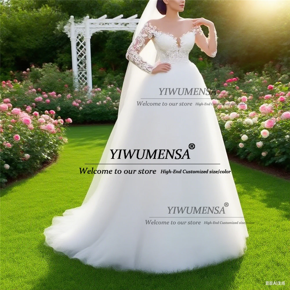 Robe de mariée trapèze élégante en Tulle, col rond, manches longues, personnalisée, avec des Appliques en dentelle scintillante, avec traîne de balayage