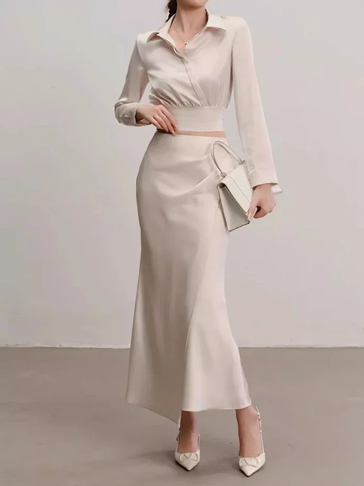 IMU Satin Blouse Top Skirt Set Cinched Cropped Long Sleeve Shirt Pleated Mermaid Maxi Skirt Office Elegant Women Clothes