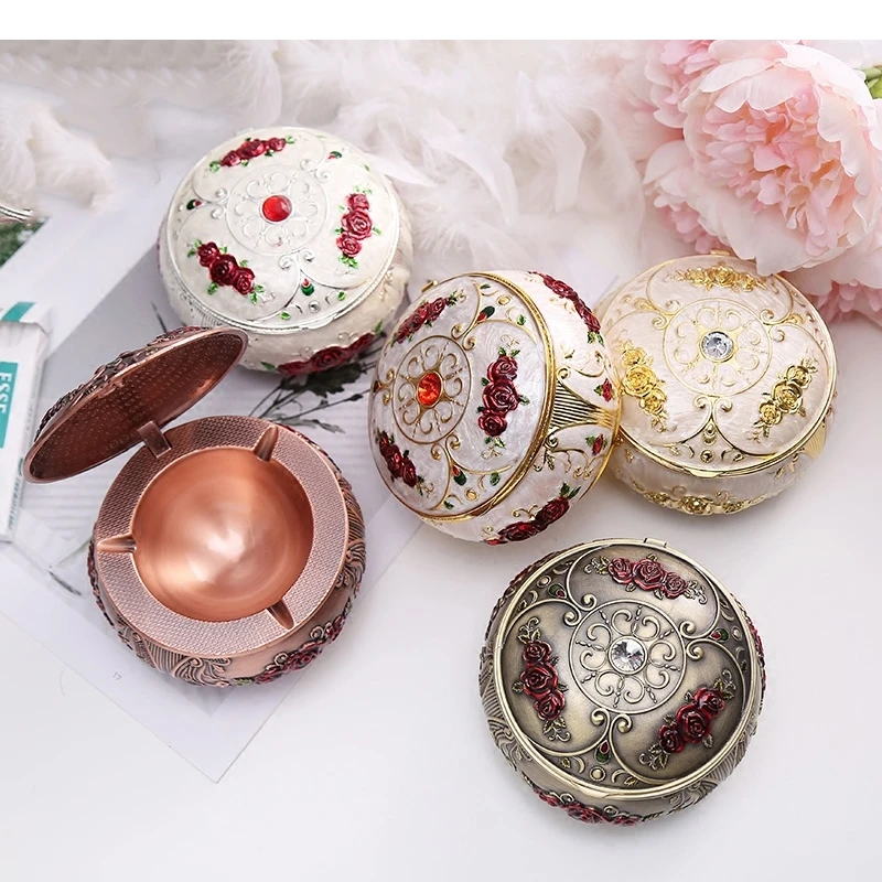 Portable Zinc Alloy Ashtray Ash Tray Storage Box Household Smoking Accessories with Lid Desk Round Pot Decoration