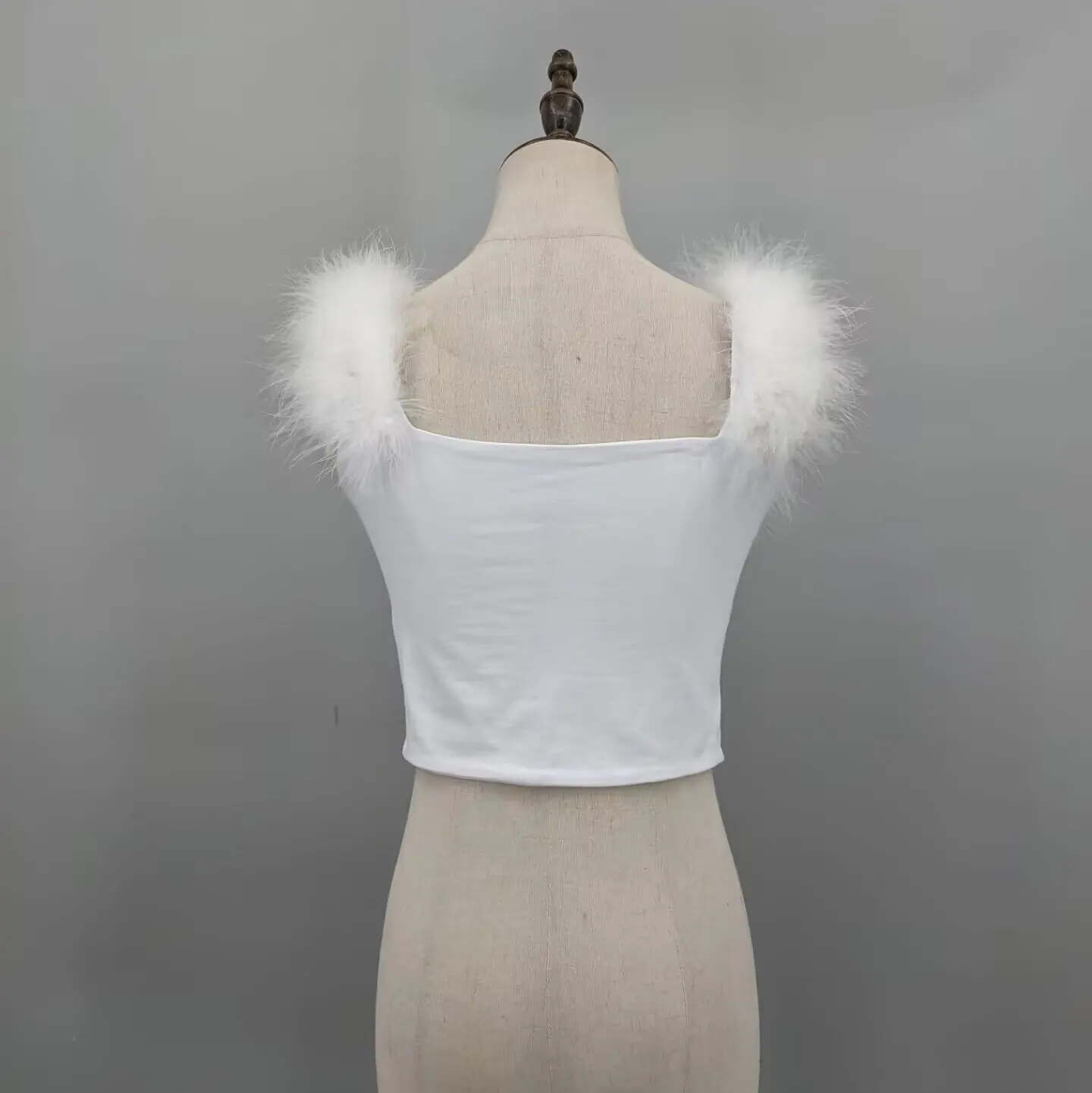 Women White Square Neck Crop Tank Top Real Ostrich Feather Strap Y2K Sleeveless Tube Top Club Party Festival Camisole 24A0402