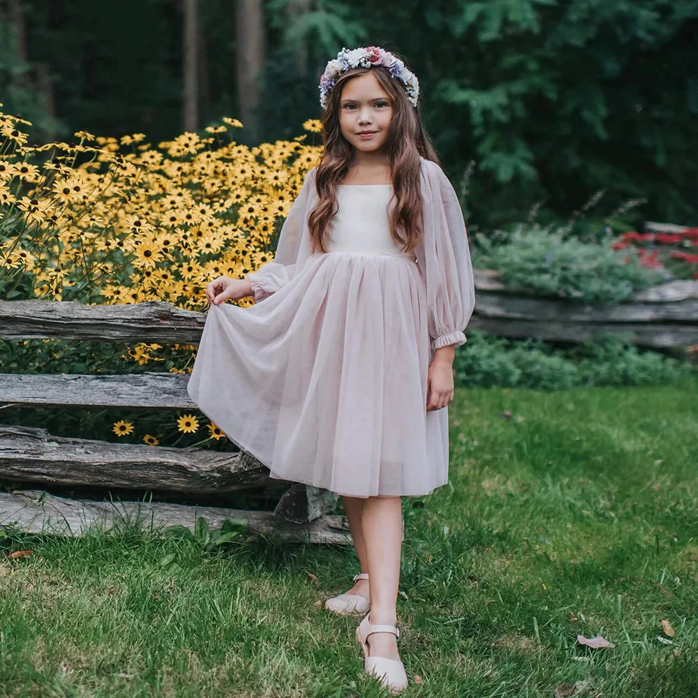 

Customized Graceful Flower Girl Dresses For Wedding Full Sleeves Knee Length Satin Princess First Communion Formal Events Gown