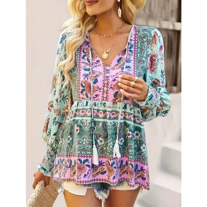 حجم كبير 1XL-5XL جديد الخريف المرأة مزاجه عادية مطبوعة الخامس الرقبة طويلة الأكمام فضفاضة بلوزة قميص التنقل نمط الملابس
