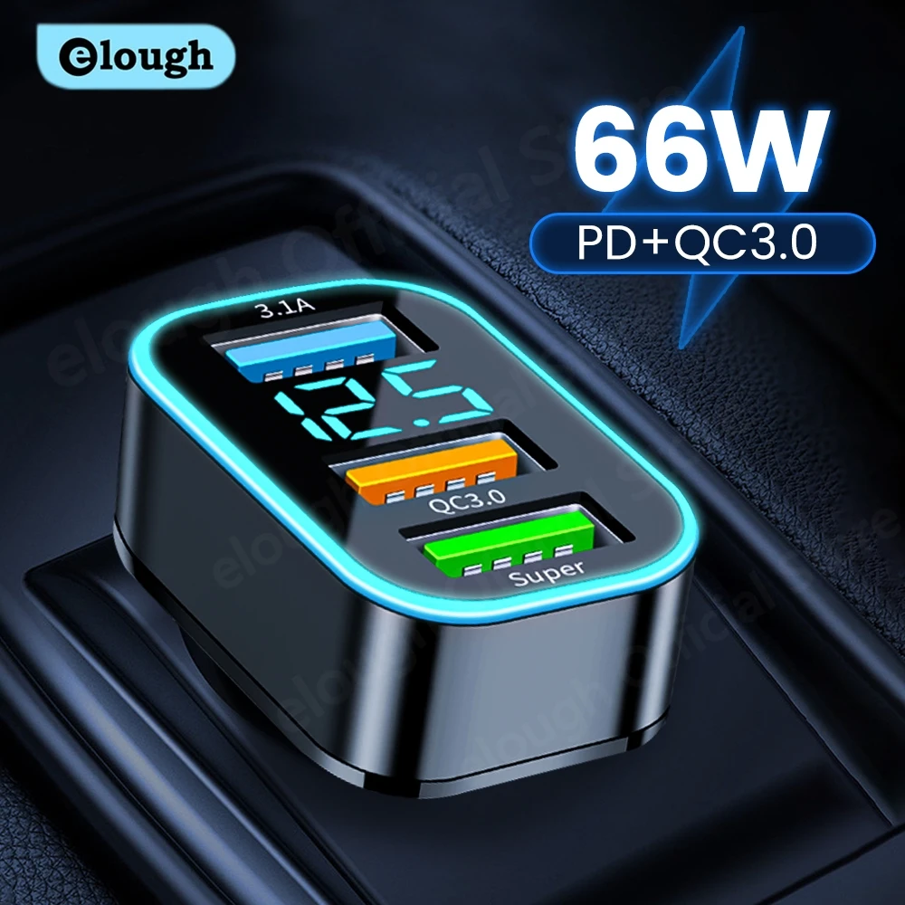 Elough 66W 3 Ports USB Car Charger Fast Charging Type C Lighter PD Car Phone Charger Adapter For iPhone 14 Samsung Huawei QC 3.0