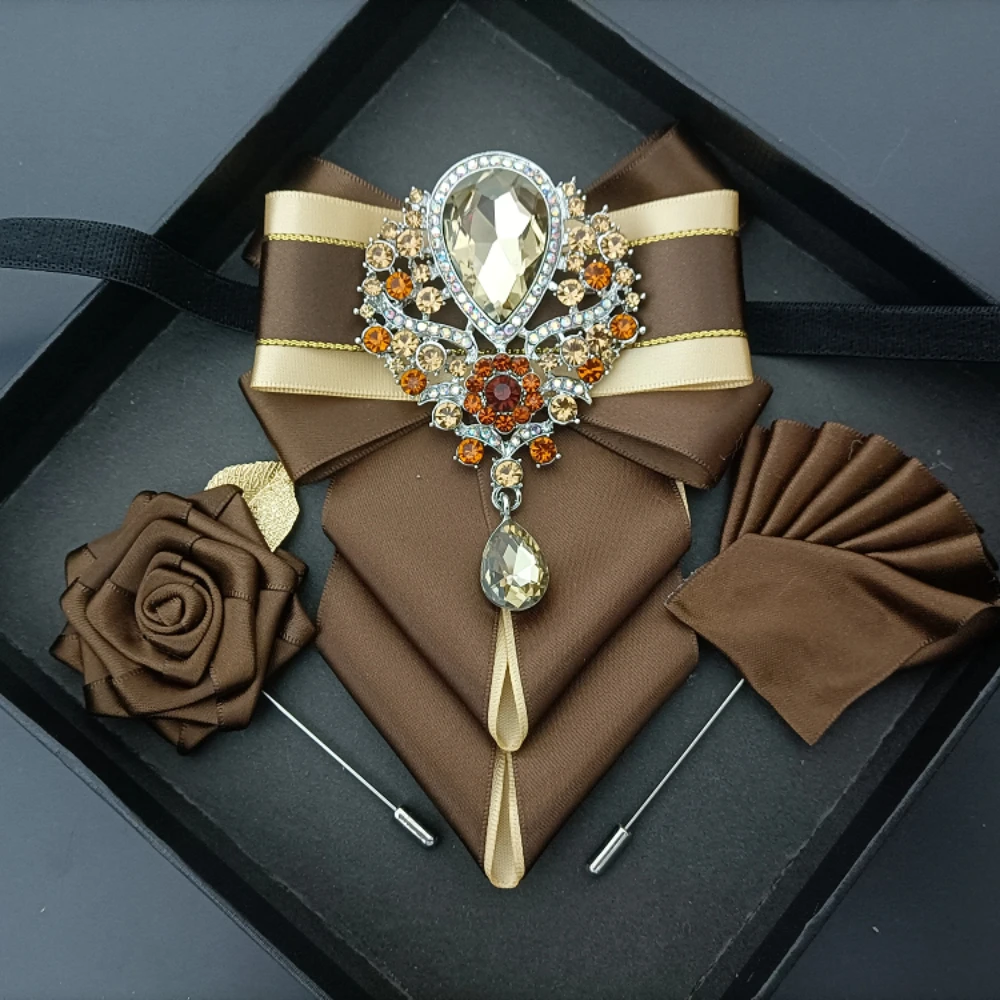 

Original Design Luxury Diamond Tie Set Handmade Jewelry Men's Wedding Ties Business Banquet Suit Shirt Collar Flower Brooch 3pcs