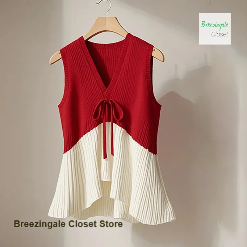 

French luxury chic contrast V-neck knit top women's spring and autumn new fashion temperament design Joker slim vest sweater