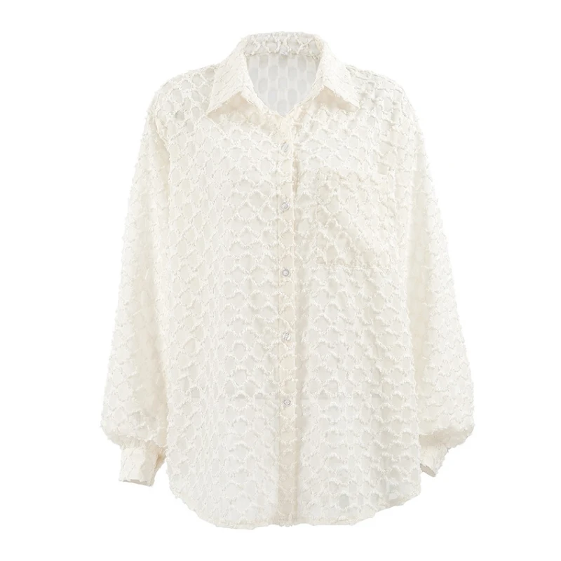 قميص جاكار بسيط فضفاض بأكمام طويلة وياقة المشمش متعدد الاستخدامات لخريف 2025 للنساء