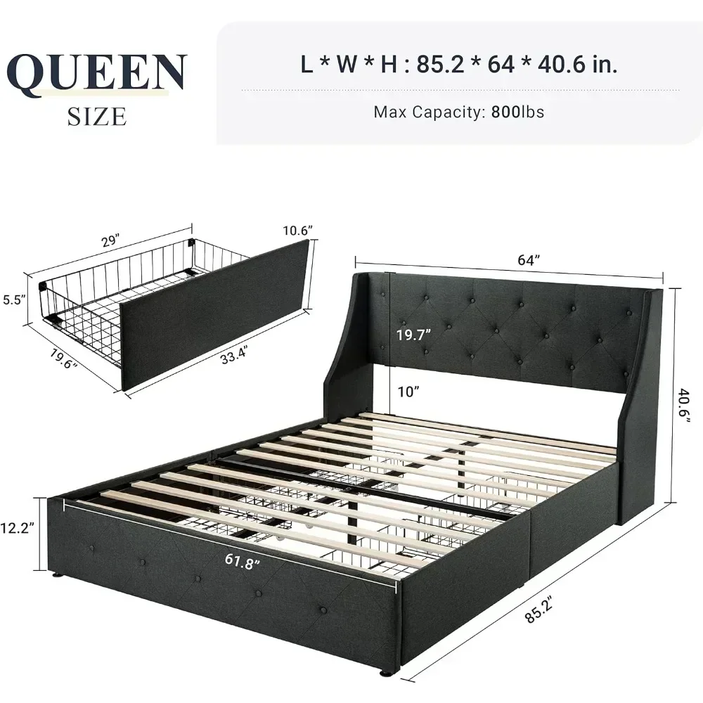 Queen Bed Frame with 4 Storage Drawers and Wingback Headboard, Button Tufted Design, No Box Spring Needed