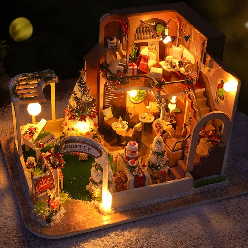 Handmade Miniature House Project DIY Coffee House Kits with Furniture and LED Light for Relaxing Craft Time