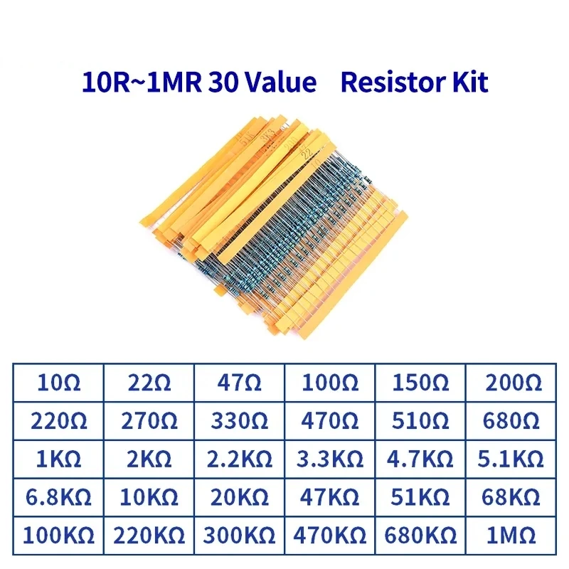 600 ชิ้น 30 ค่า * 20 ชิ้น 1% 1/4 W ตัวต้านทานแพ็คชุด diy ตัวต้านทานฟิล์มโลหะชุดใช้แหวนสีความต้านทาน (10 โอห์ม ~ 1 M ohm)
