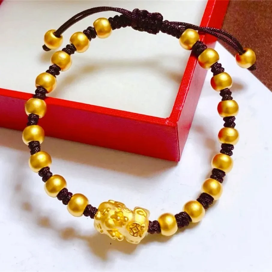 

Китайский золотой браслет Pixiu Lucky Bead! Женское 24-каратное золото AU999, полупрозрачные бусины + матовый Pixiu, регулируемый шнур, год рождения