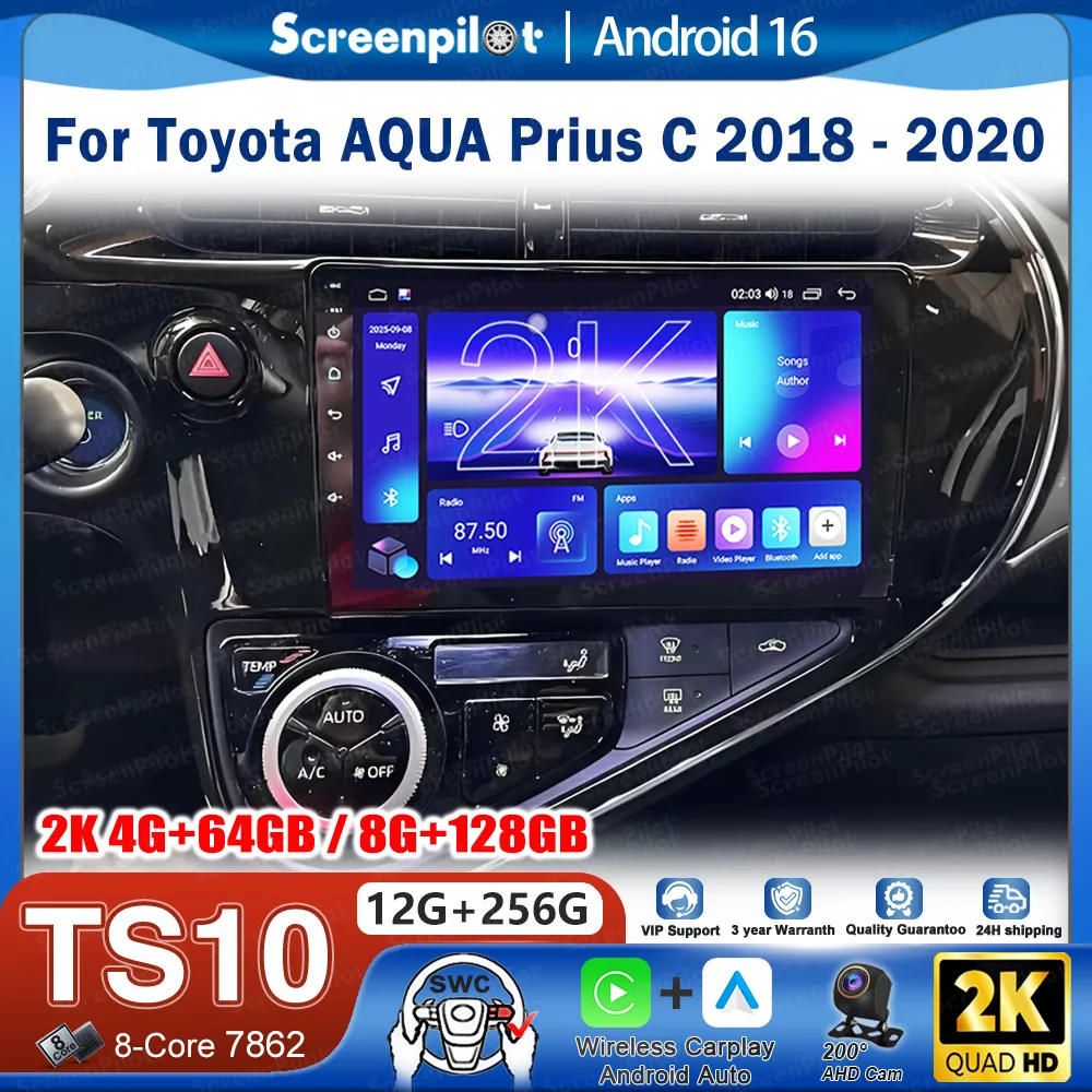 Radio para Auto Android 16 para Toyota AQUA Prius C 2018-2020, Unidad Principal Estéreo, CarPlay, Pantalla Táctil, Wifi, 8 Núcleos, Multimedia