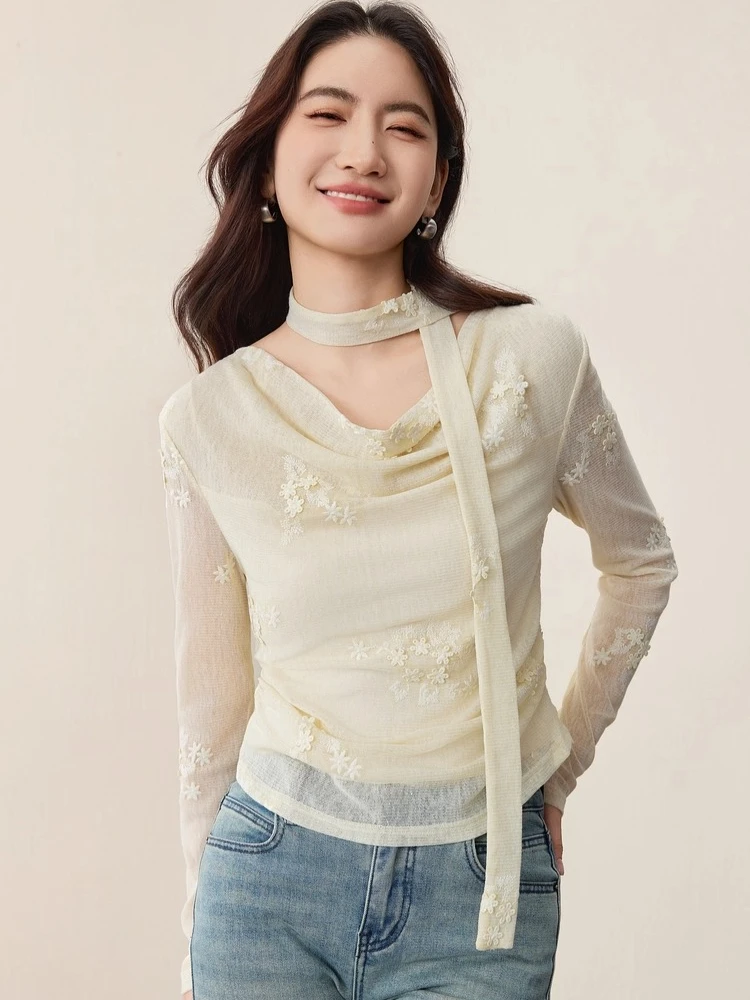 SENTUBILA élégant banlieue dentelle chemises femmes automne 2025 ruban amovible 3D fleurs broderie à manches longues haut 153CF2642