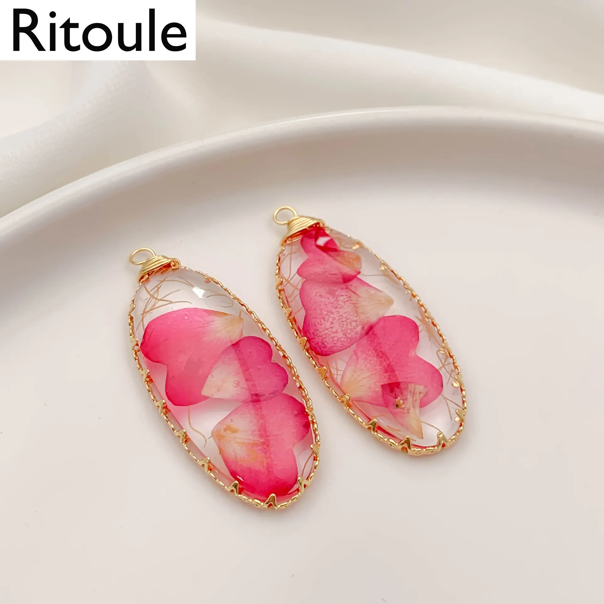 18K Real Gold Plated Wrapped Edge Copper Wire Oval Transparent Dried Flower Pendants, DIY Handmade Jewelry Making Supplies2pcs
