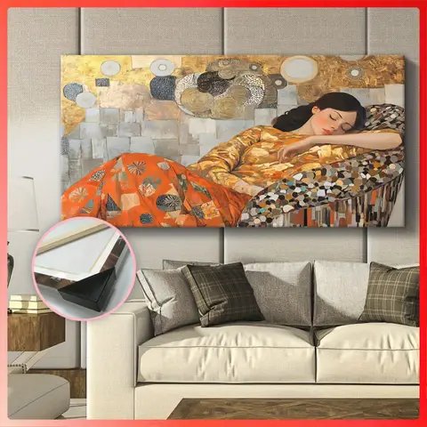 1Wooden Frame Fabric Art Print - gold and orange abstract figures，Waterproof and odorless，Suitable Living Room、Bedroom、Offic