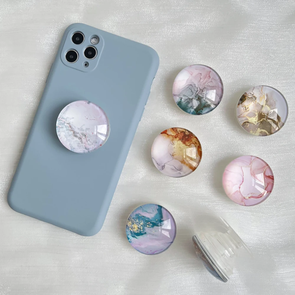 Soporte para teléfono de cristal con patrón de mármol, enchufe plegable para teléfono móvil, empuñaduras de cristal para teléfono