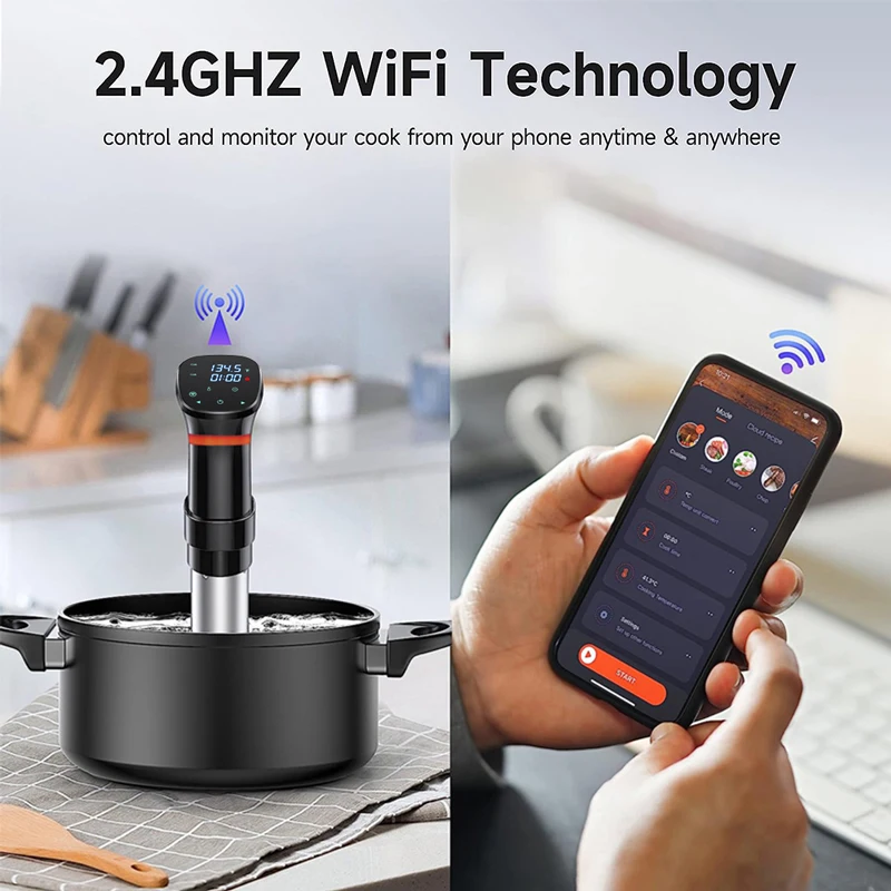 Sous Vide WIFI 1100W عالي الطاقة مع وظيفة طباخ بطيء ومؤقت 99 ساعة وطهي مفرغ دقيق، ±0.1 ° ج التحكم في درجة الحرارة