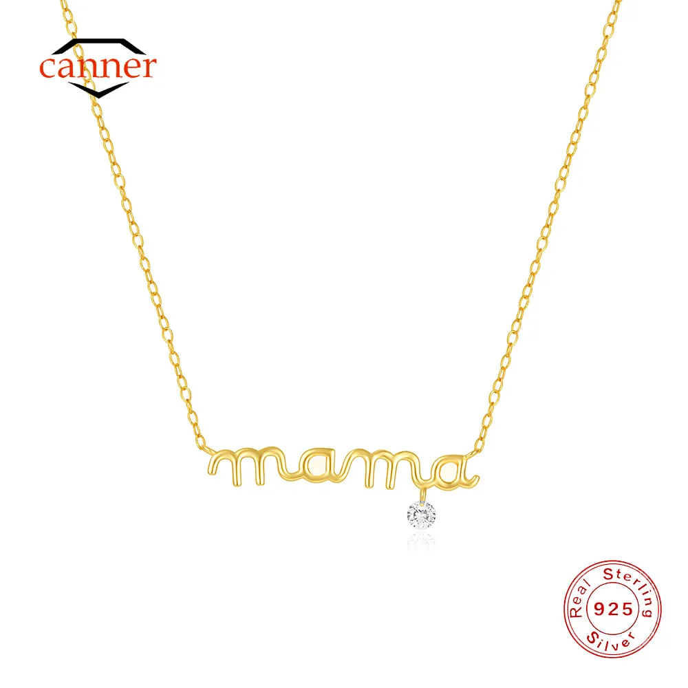 CANNER 925 Sterling Silver Letter MAMA Zircon Collarbone Necklace For Women 18K Gold Choker Fine Jewelry Mother's Day Gift