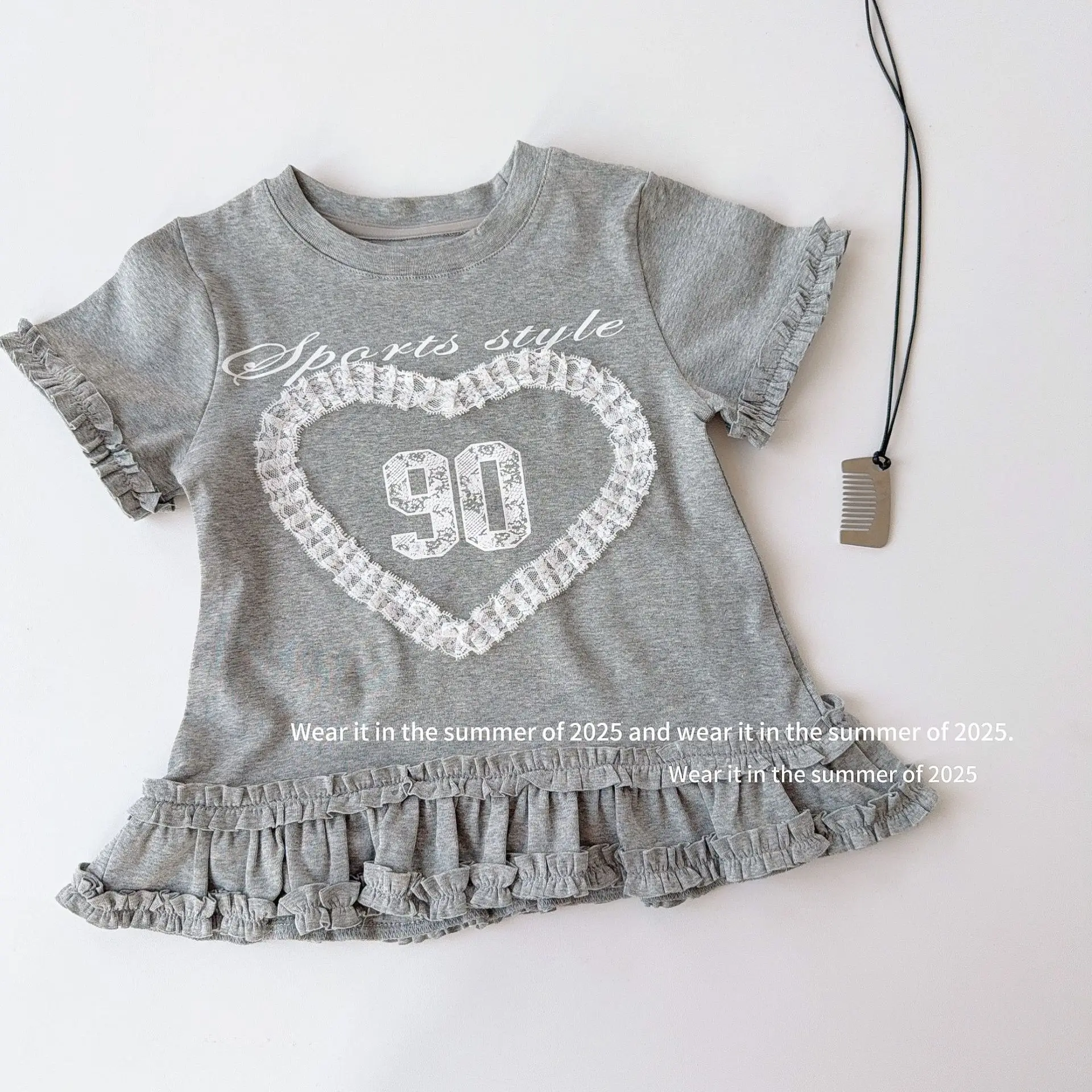 

2025 Summer New Children Short Sleeve T Shirts Cotton Girls Cute Sweet Lace Splicing Letter Tee Baby Versatile Tops Kids T Shirt