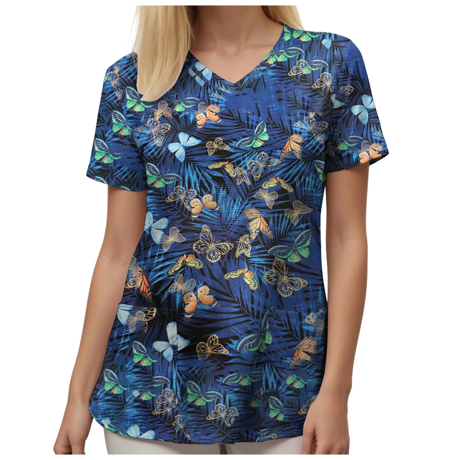 

Scrub Medical Woman Butterfly Print Nursing Tops V-Neck Short Sleeve Patch Pocket Surgical Clothing Tops Clinical Uniform Woman